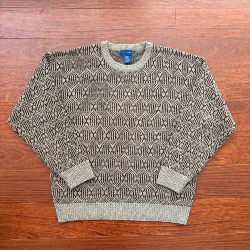 Towncraft Mens Large Brown Geometric Knit Sweater Vintage 90s Grandpa Earth Tone